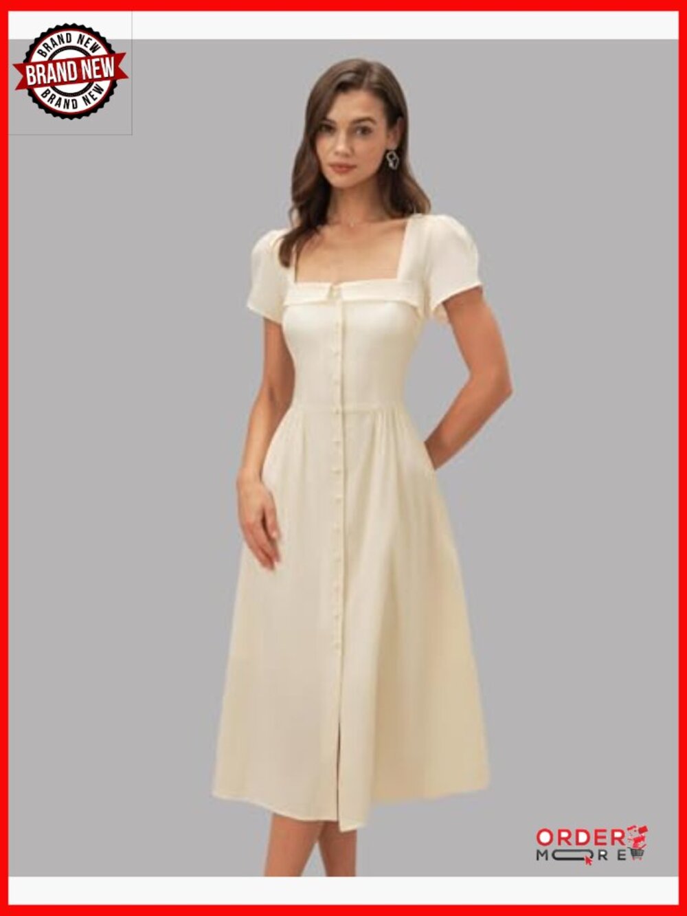 Short Sleeve Puff Square Neck A-Line Midi Dress - Picture 4 of 7
